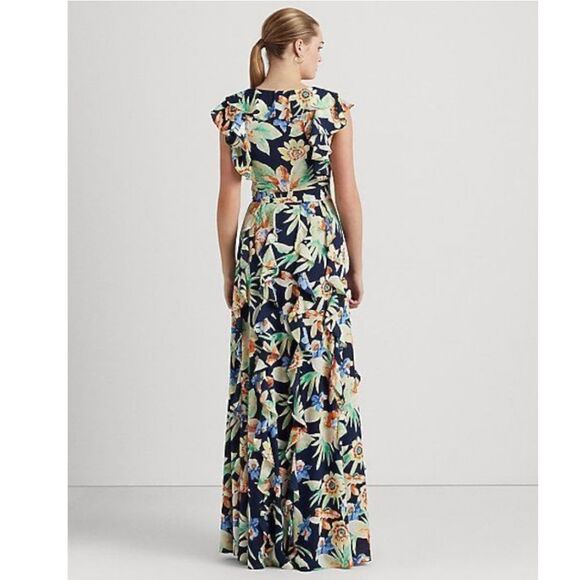 Lauren Ralph Lauren Floral Crinkle Georgette Gown Ruffled Maxi Dress Women's 14 - Picture 5 of 11